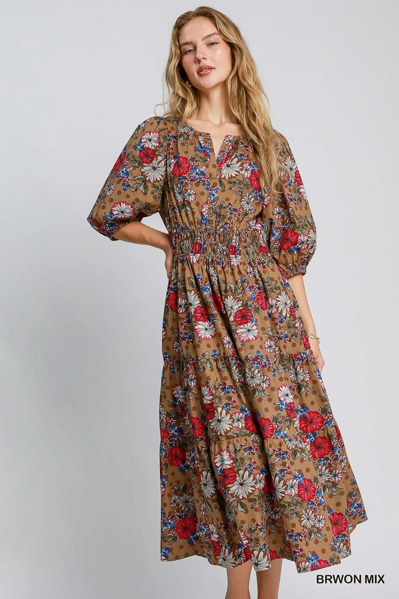 Brown Mix Floral Print Midi Dress velvet feel Winter Proof