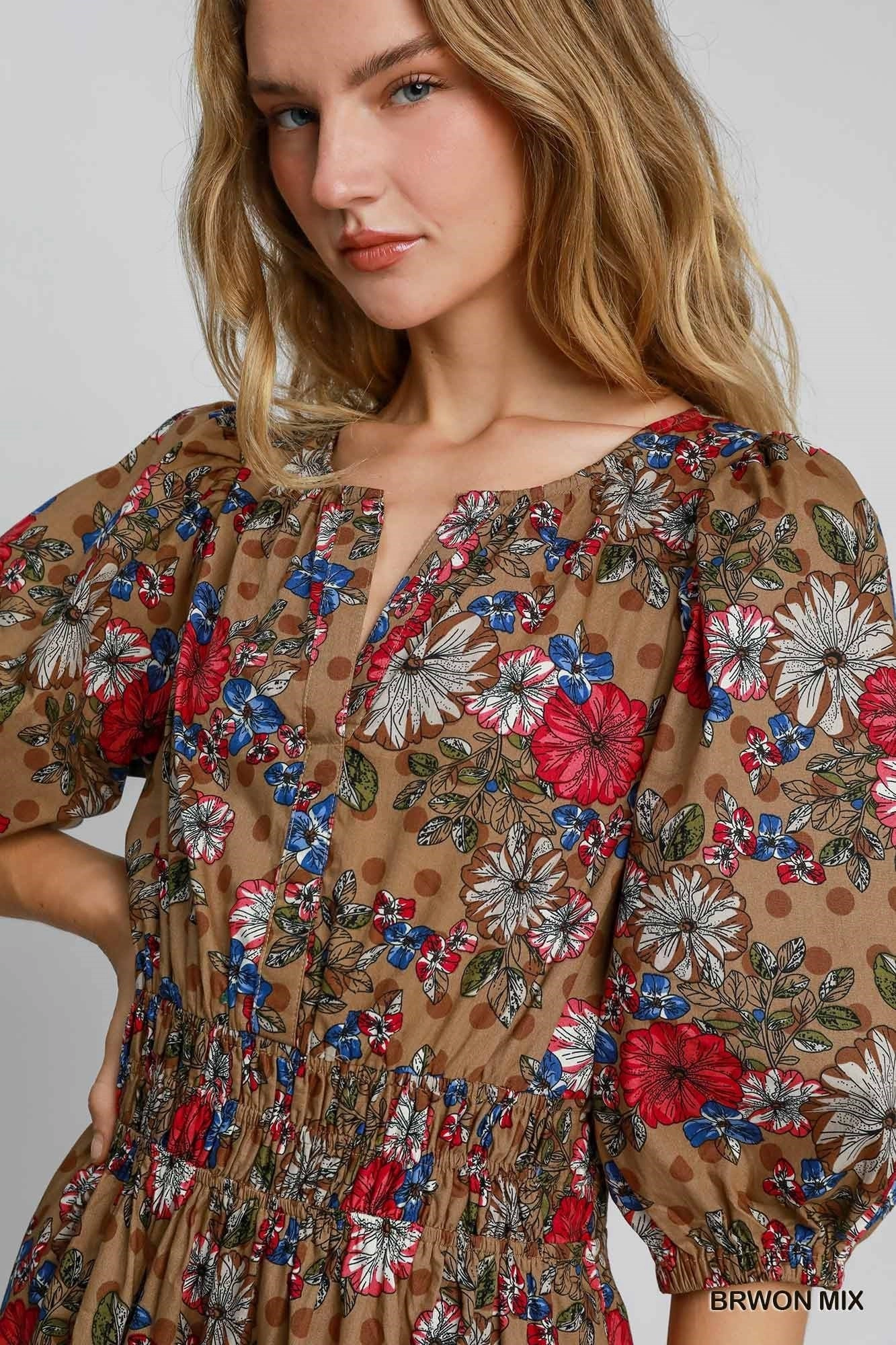 Spring-Season Brown Mix Floral Print Midi Dress