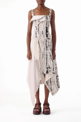 Perfect Wearable BRUSHSTROKE FRAY JACQUARD ASYMETRICAL DRESS WITH PLEATED SKIRT