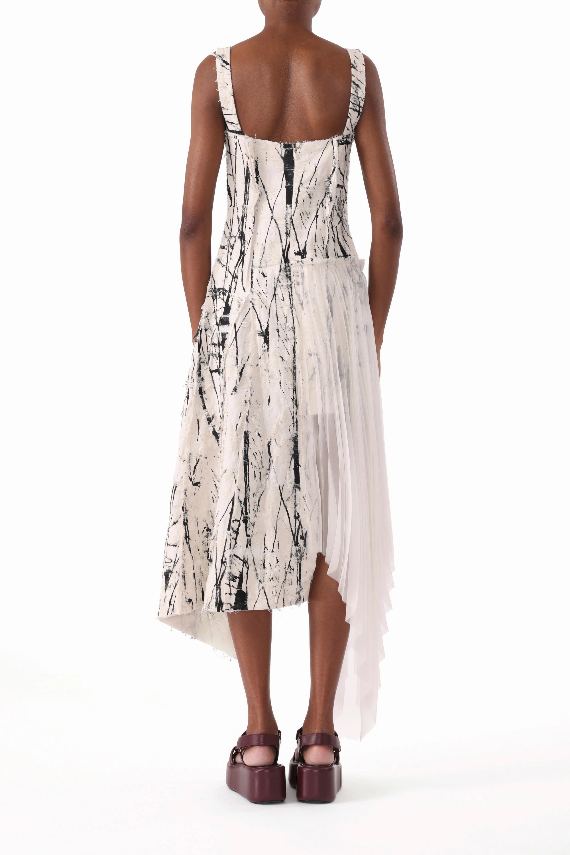 Slim Shape BRUSHSTROKE FRAY JACQUARD ASYMETRICAL DRESS WITH PLEATED SKIRT