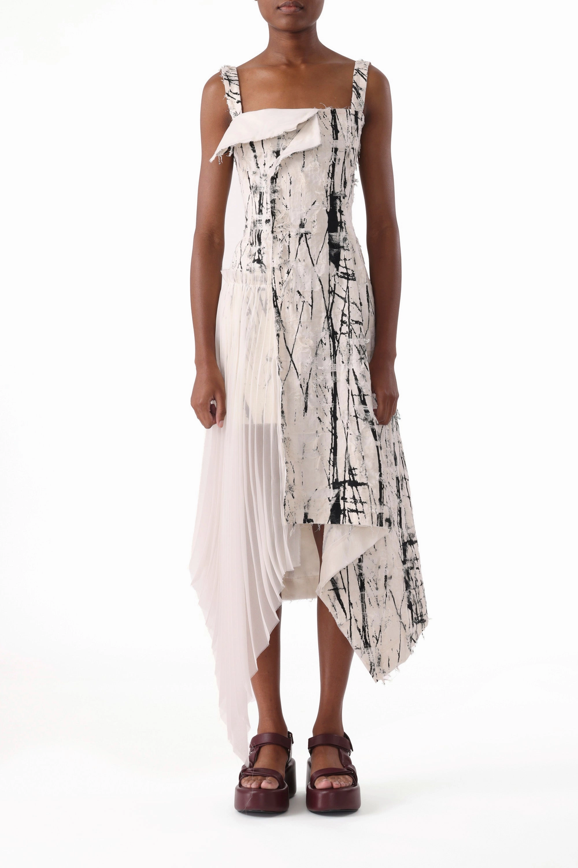 Perfect Wearable BRUSHSTROKE FRAY JACQUARD ASYMETRICAL DRESS WITH PLEATED SKIRT