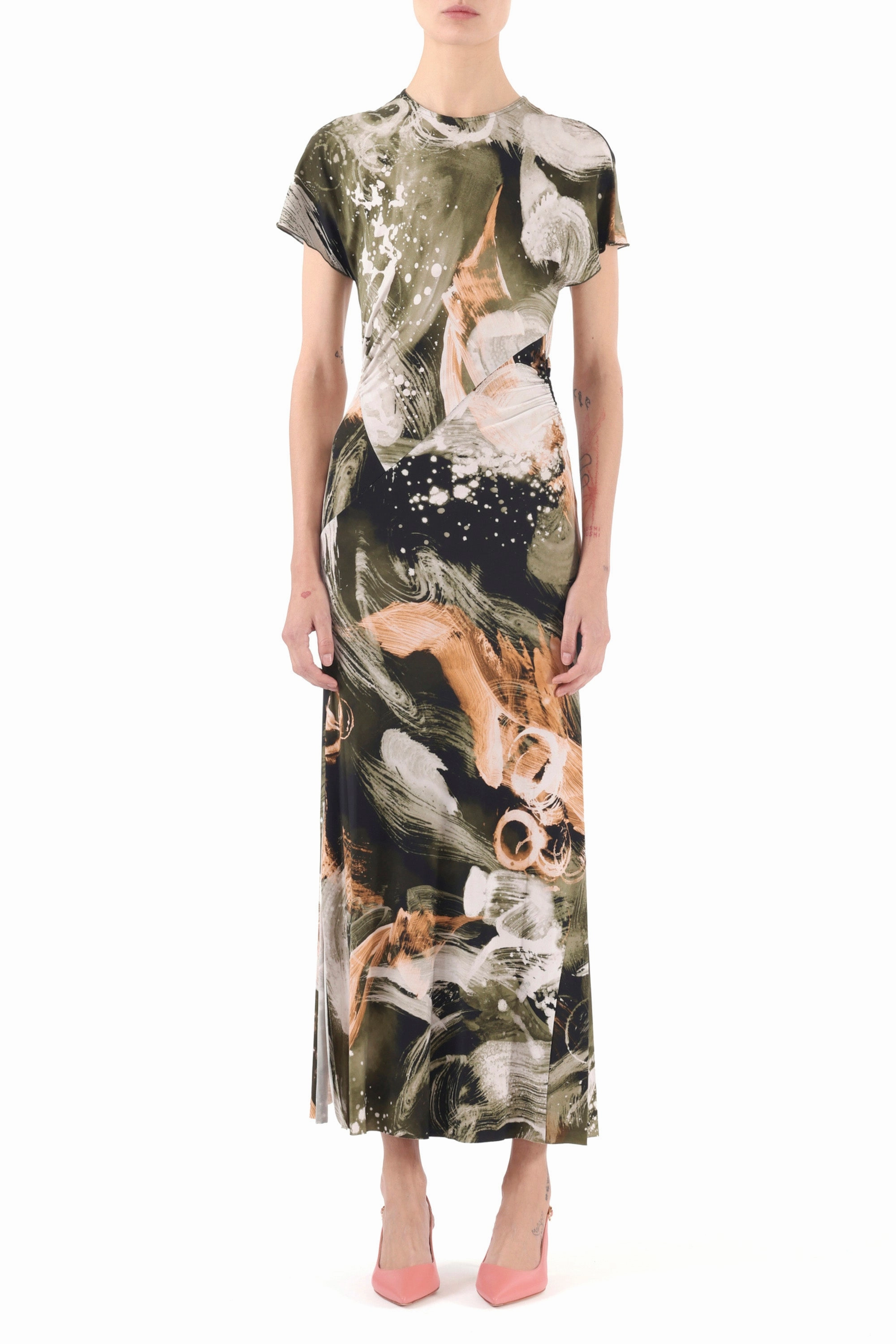 BRUSHSTROKE PRINTED JERSEY CAP SLEEVE MIDI DRESS Tie-dye
