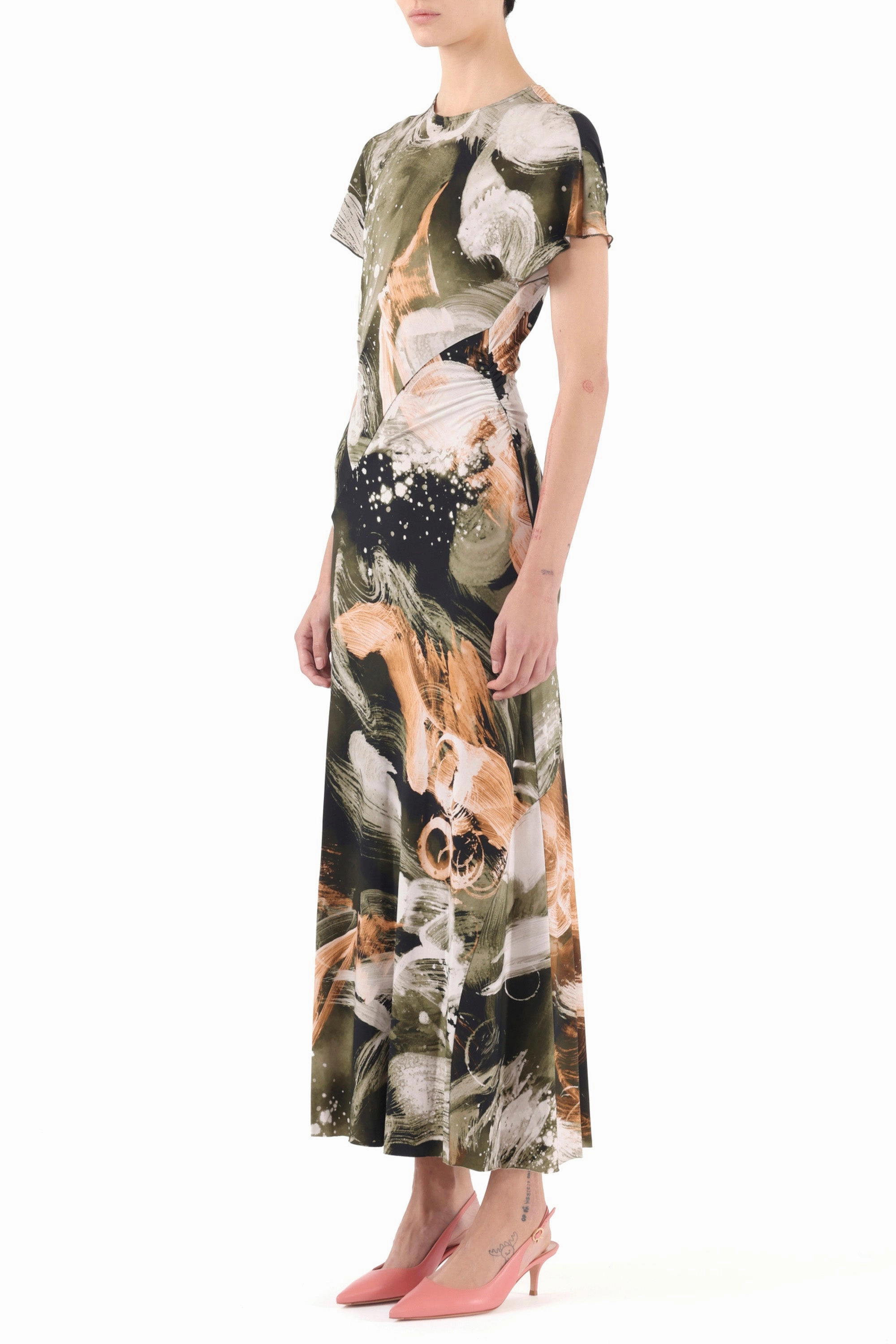 BRUSHSTROKE PRINTED JERSEY CAP SLEEVE MIDI DRESS Mood Comfort Sophisticated Vibe
