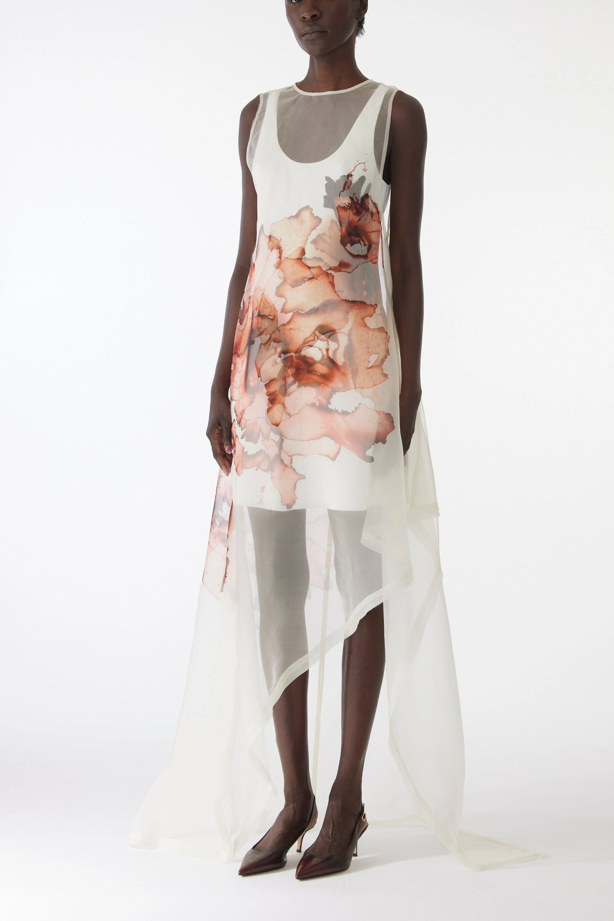 Pure Fabric Cool Season BURNT FLORAL ORGANZA GOWN WITH MINI DRESS LINING