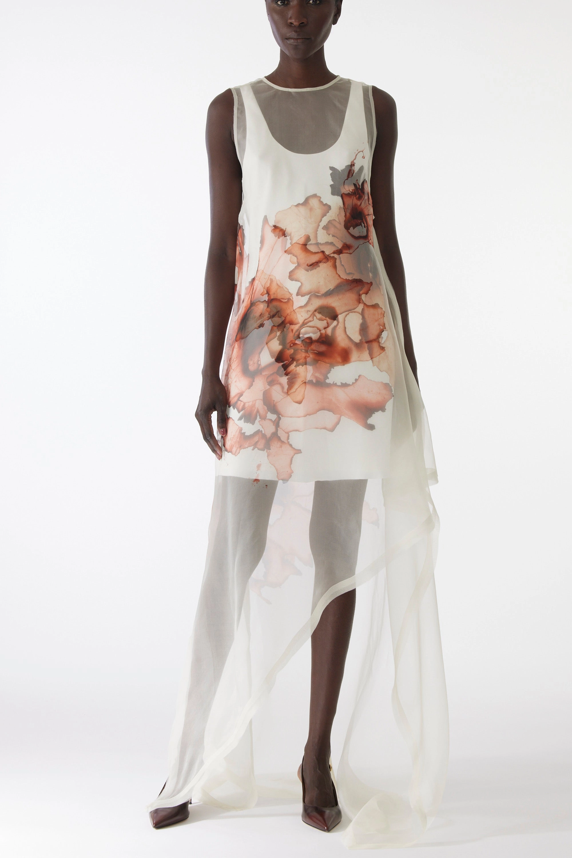 Spring Ready Relaxed Waist Fit BURNT FLORAL ORGANZA GOWN WITH MINI DRESS LINING