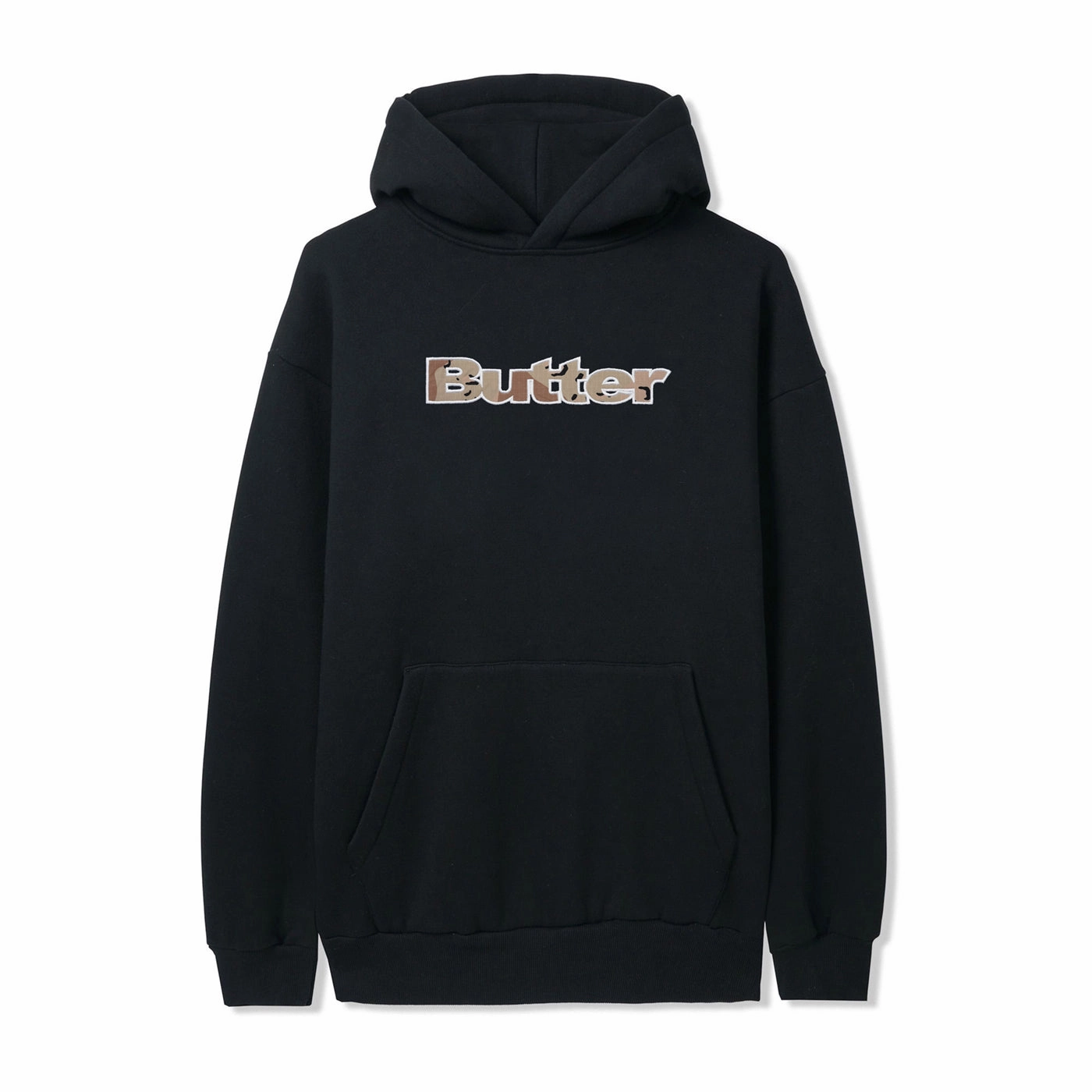 Vintage Wash Effect Sporty Flex Fit Butter Goods Camo Appliqu?? Pullover Hoodie - Black
