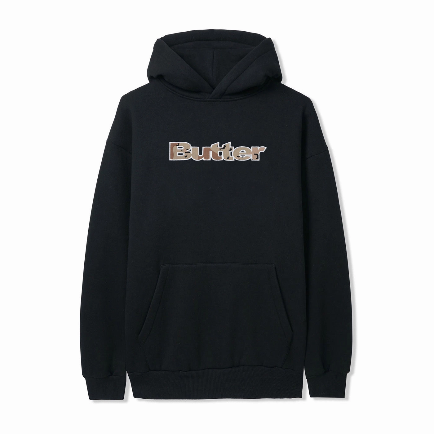 V-Neck Quick Layering Butter Goods Camo Appliqu?? Pullover Hoodie - Black