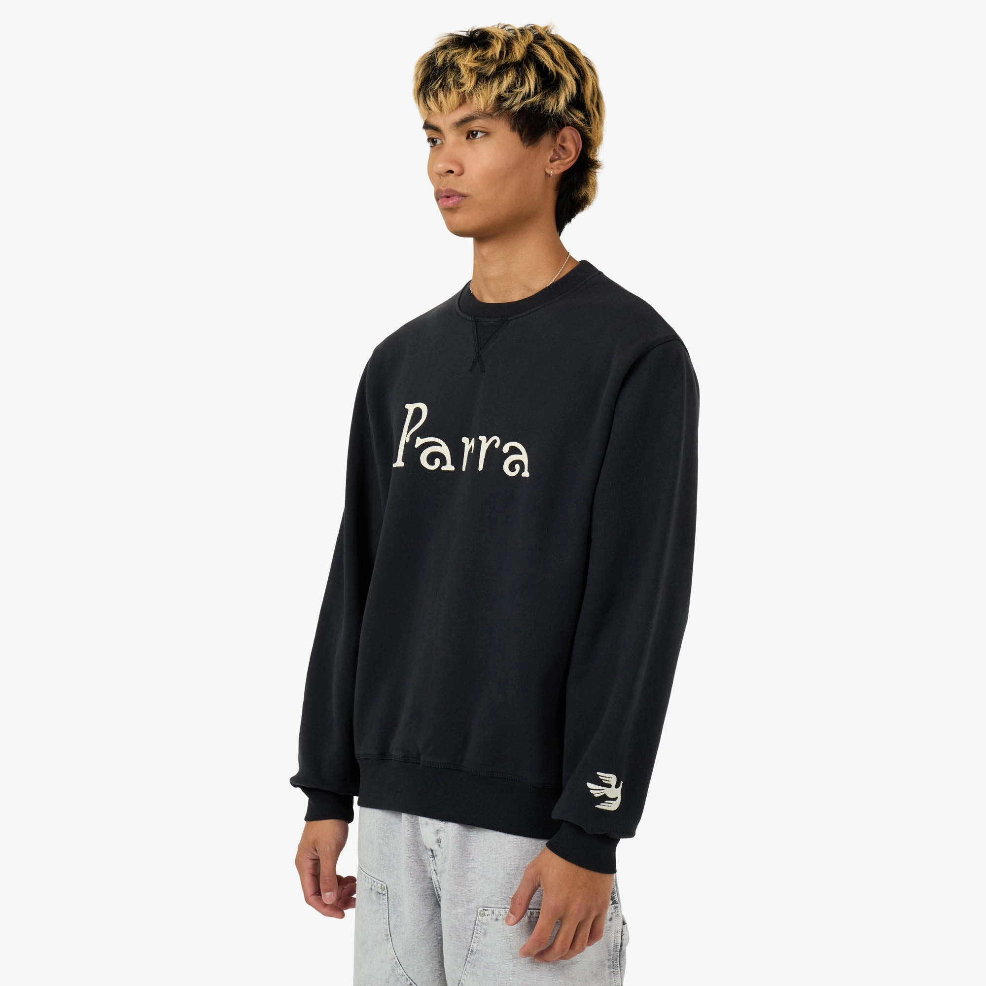 by Parra Weird Trad Logo Crewneck Sweatshirt Dark Navy Desert area polo shirt