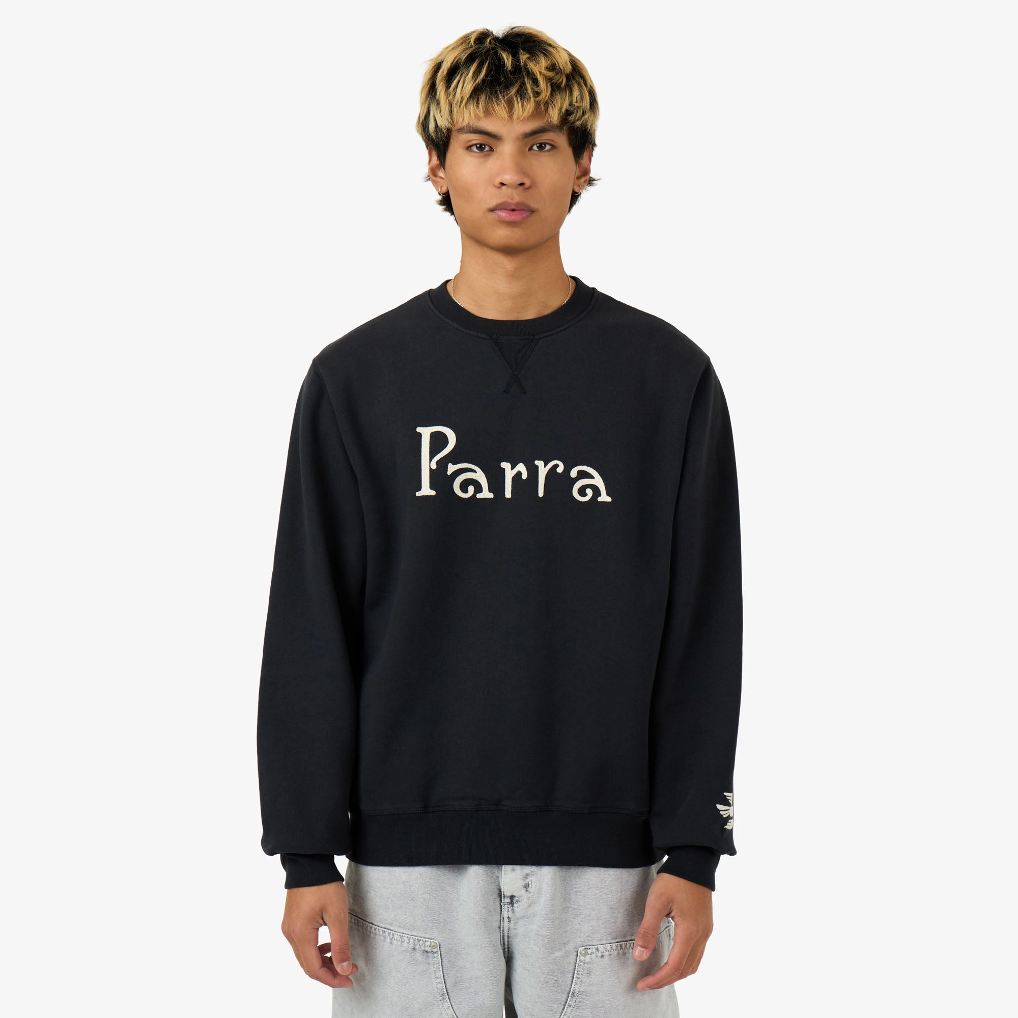 by Parra Weird Trad Logo Crewneck Sweatshirt Dark Navy Bold Patterns wide-leg pants silhouette