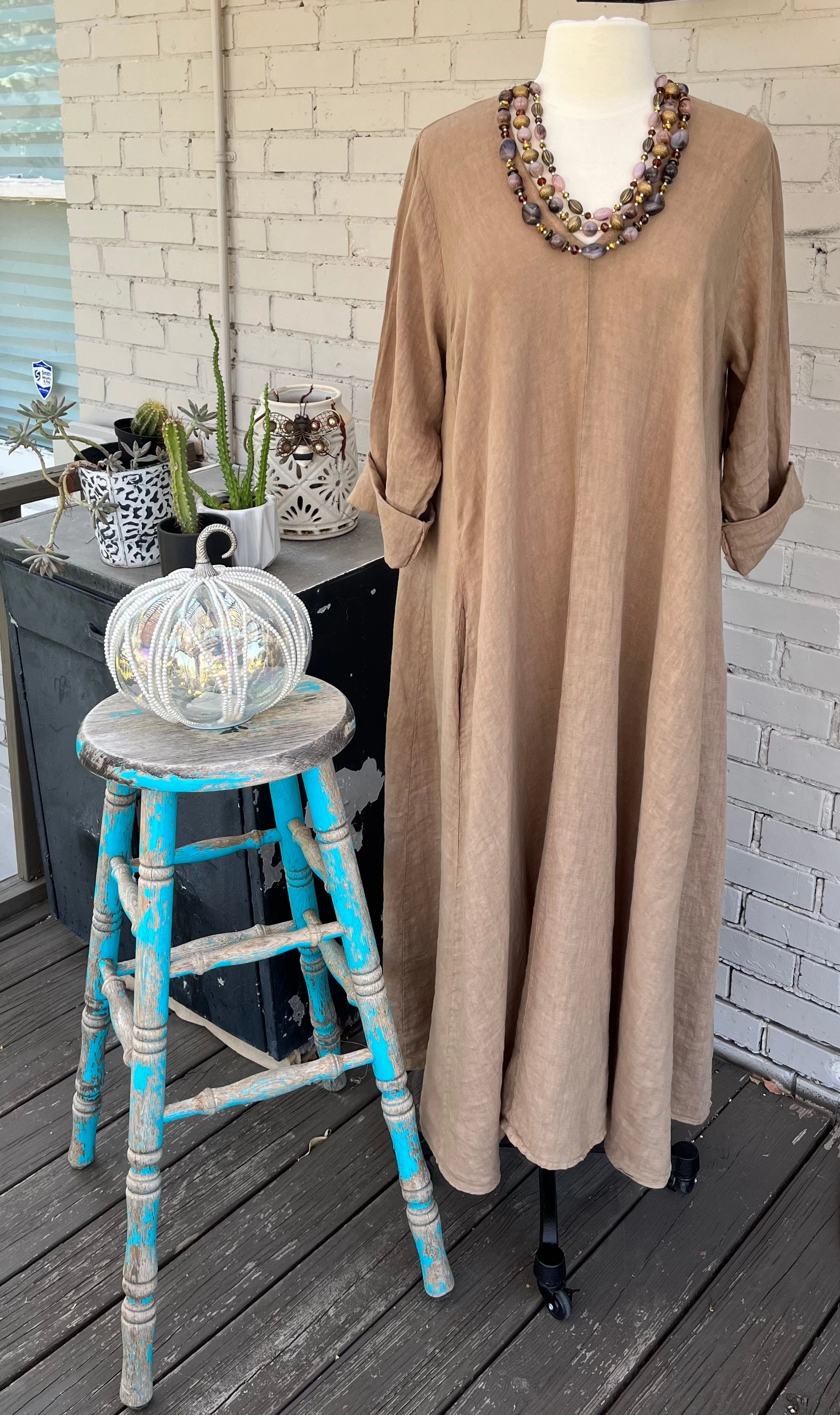 Pink Glow Camel Washed Linen Dress