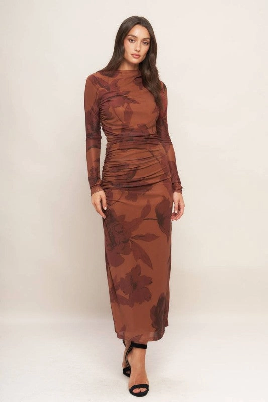 Balanced Look Cameron Long Sleeve Floral Print Mesh Midi Dress Brown