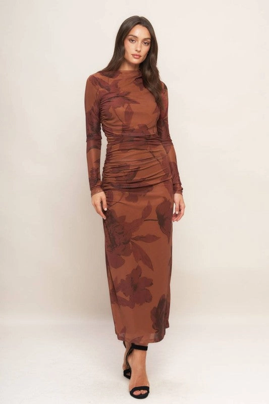 Cameron Long Sleeve Floral Print Mesh Midi Dress Brown Subtle Detail
