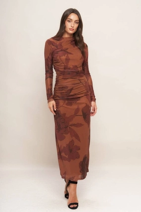 Office Smart Cap-Sleeve Cameron Long Sleeve Floral Print Mesh Midi Dress Brown
