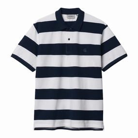 Carhartt WIP Dampier Pique Polo Shirt - Atom Blue / White Double Stitched Hems