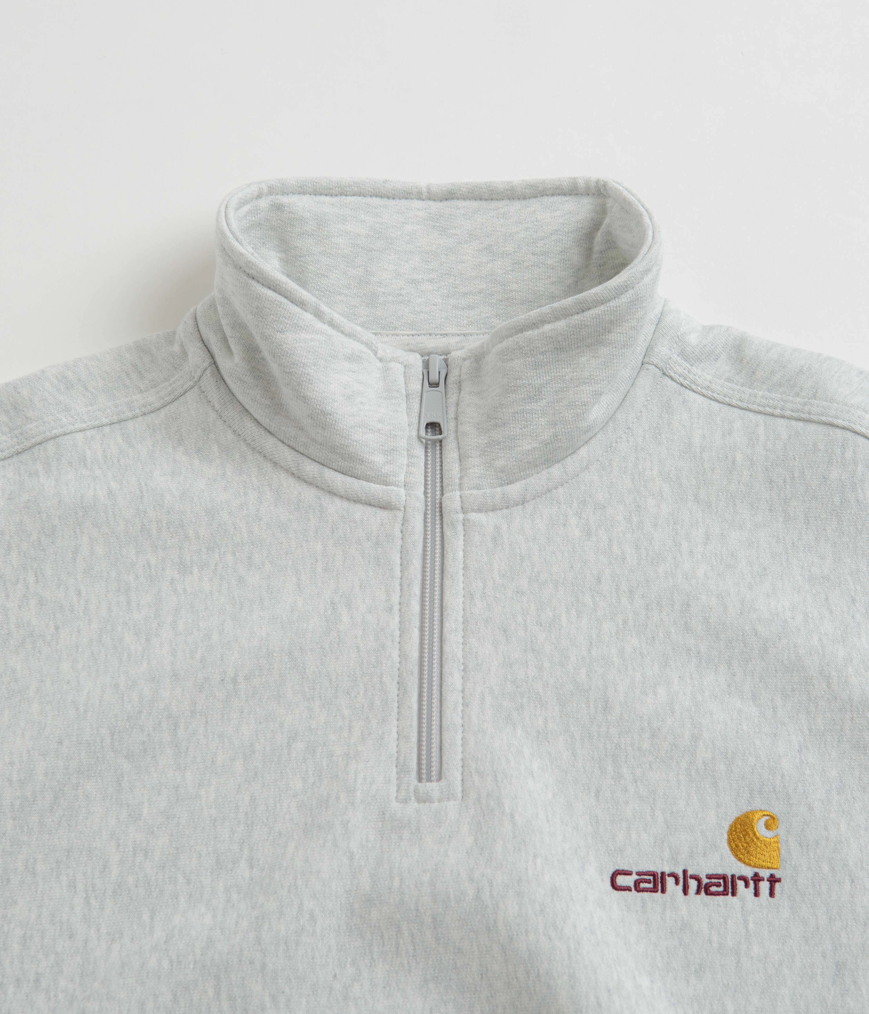 Carhartt Half Zip American Script Sweatshirt - Ash Heather Ribbed Hem
