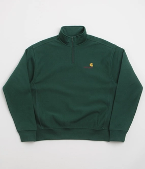 Sporty Design Contrast Stitching Carhartt Half Zip American Script Sweatshirt - Dark Fir