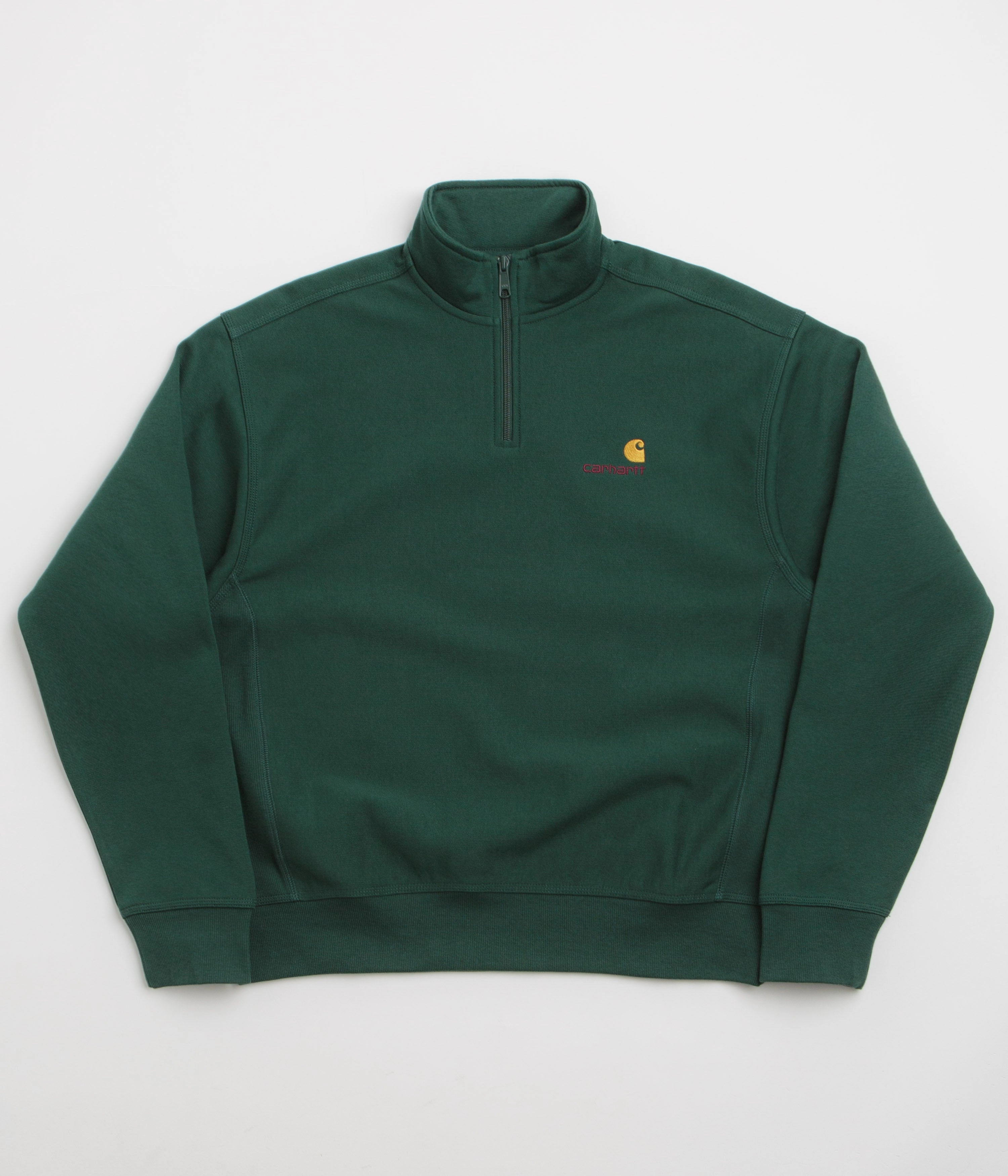Sporty Design Contrast Stitching Carhartt Half Zip American Script Sweatshirt - Dark Fir