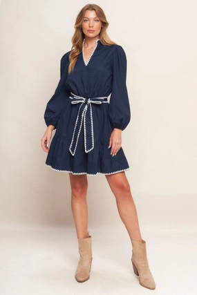 Carolyn Long Sleeve Embroidered Trim Waist Tie Mini Dress Navy Cozy Energy