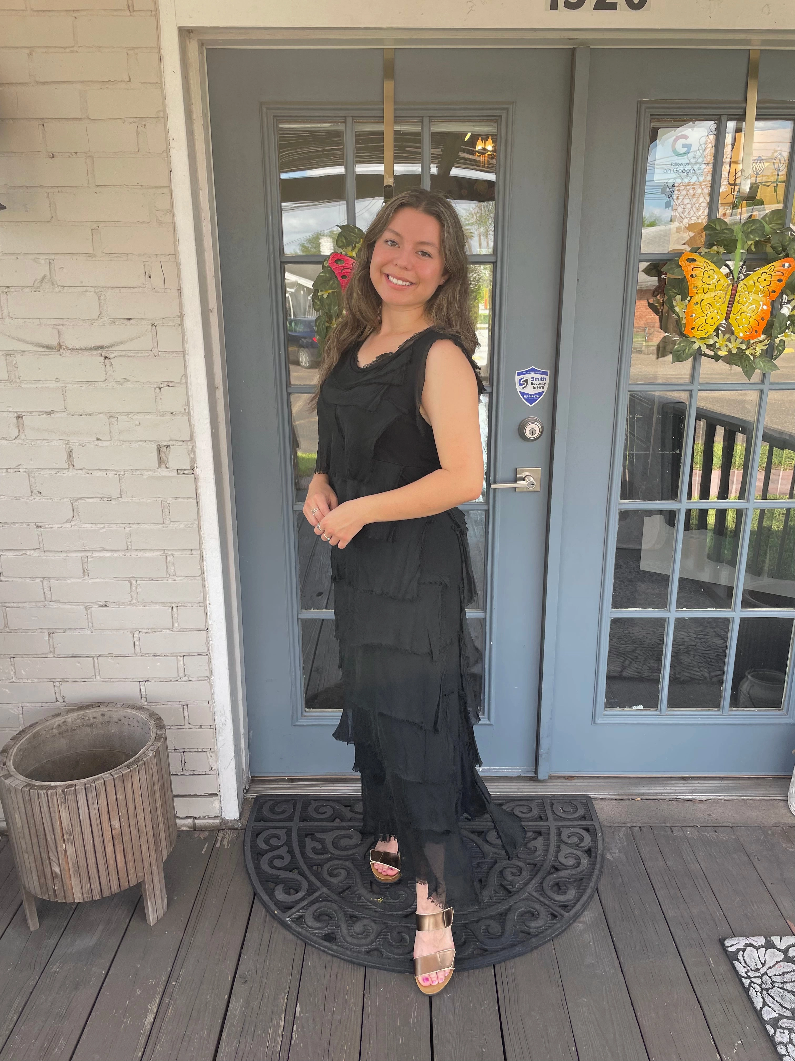 Black Silk Ankle Length Ruffle Dress Low Maintenance