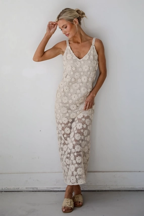 Flattering Comfort Wear Light Soft FINAL SALE - Breezy Demeanor Natural Floral Crochet Maxi Dress
