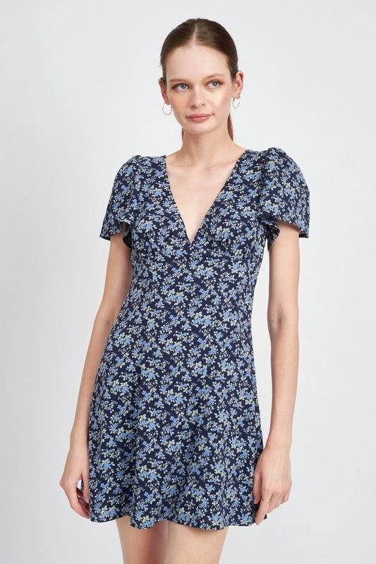 Dani Short Puff Sleeve Floral Print Mini Dress Navy Bold colors
