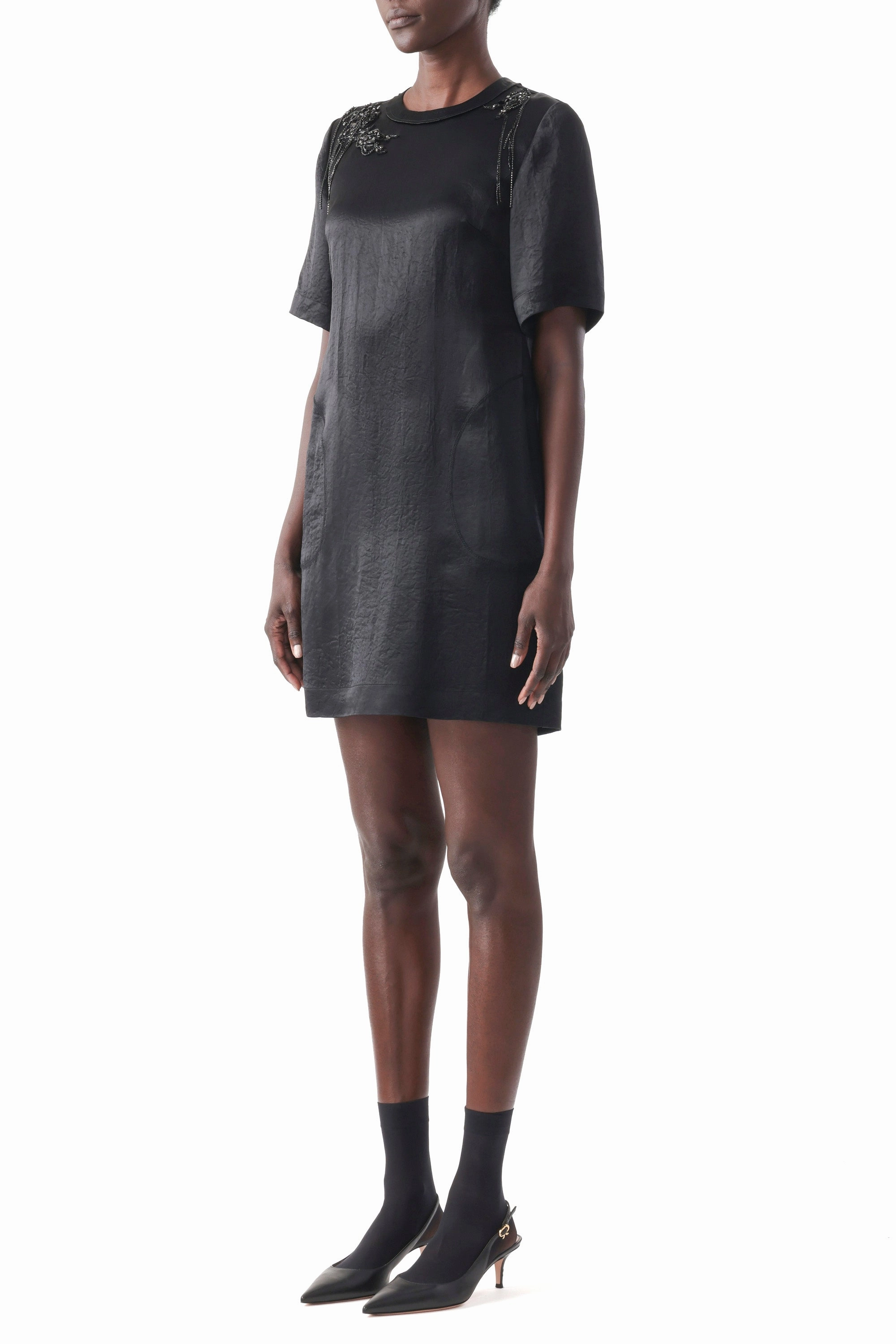 Shine Finish SHORT SLEEVE DRESS WITH EMBROIDERY APPLIQUES