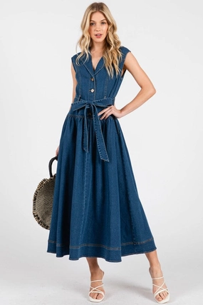 Understated Glam Waitlist 11/5 ? Annalise Sleeveless Waist Tie Denim Maxi Dress Dark Wash