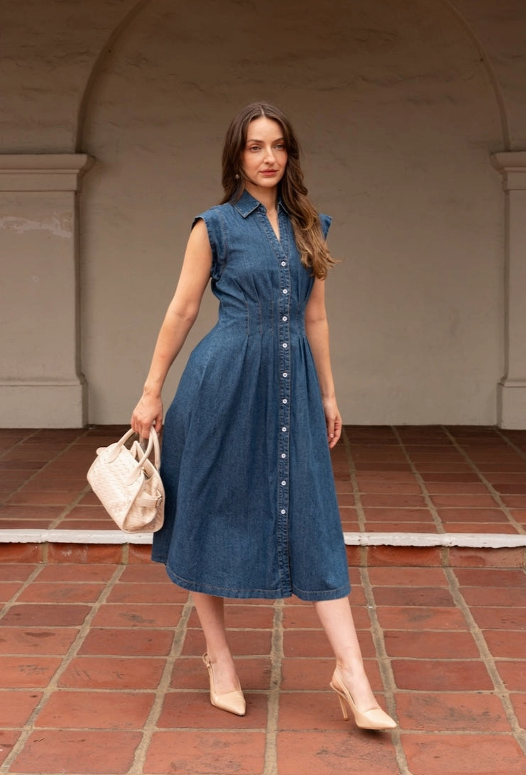 Lightweight Material Torrance Short Sleeve Button Down Denim Midi Dress Dark Wash