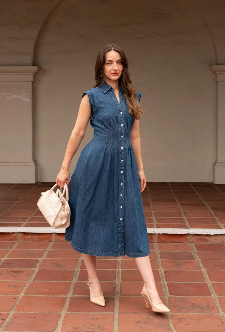 Smooth Lines Torrance Short Sleeve Button Down Denim Midi Dress Dark Wash