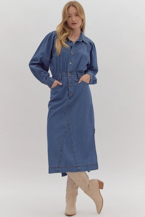 Chic Direction Mood Comfort Denim Midi Shirt Dress w/ Side Slit