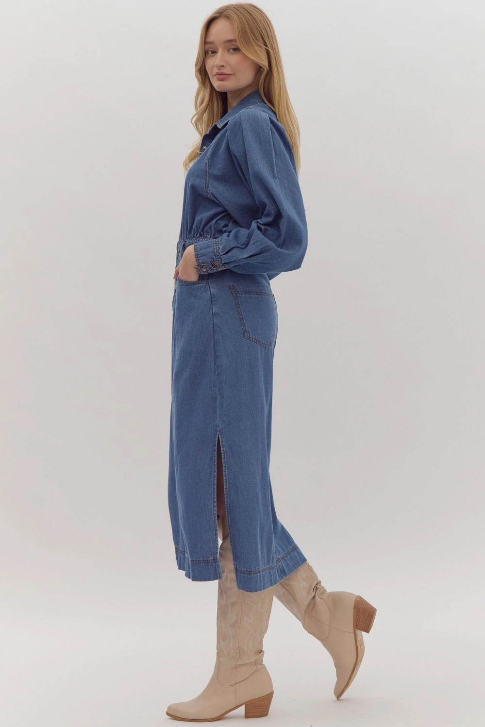 Square-Neck Denim Midi Shirt Dress w/ Side Slit