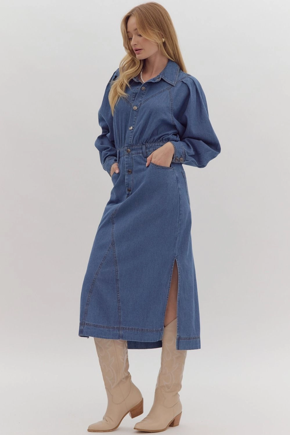 Denim Midi Shirt Dress w/ Side Slit Feminine Cut