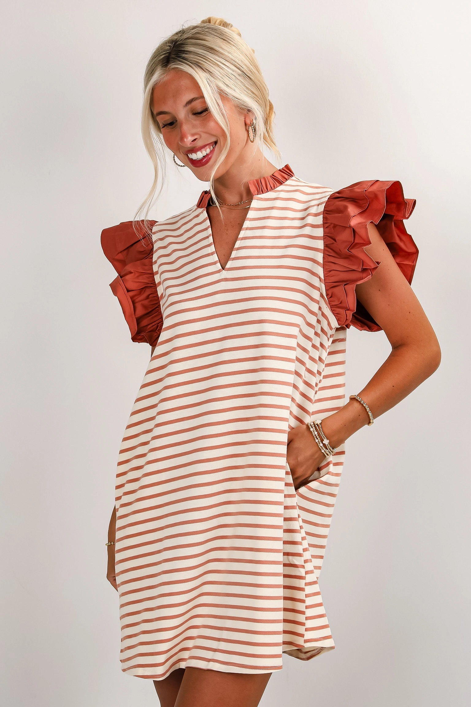 Family Joy FINAL SALE - Picnic Plans Mauve Striped Mini Dress - DU DEAL