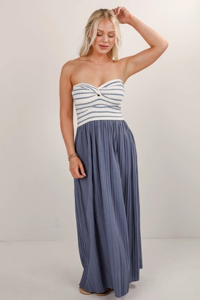 FINAL SALE - Something In The Air Blue Strapless Maxi Dress Soft Pleats