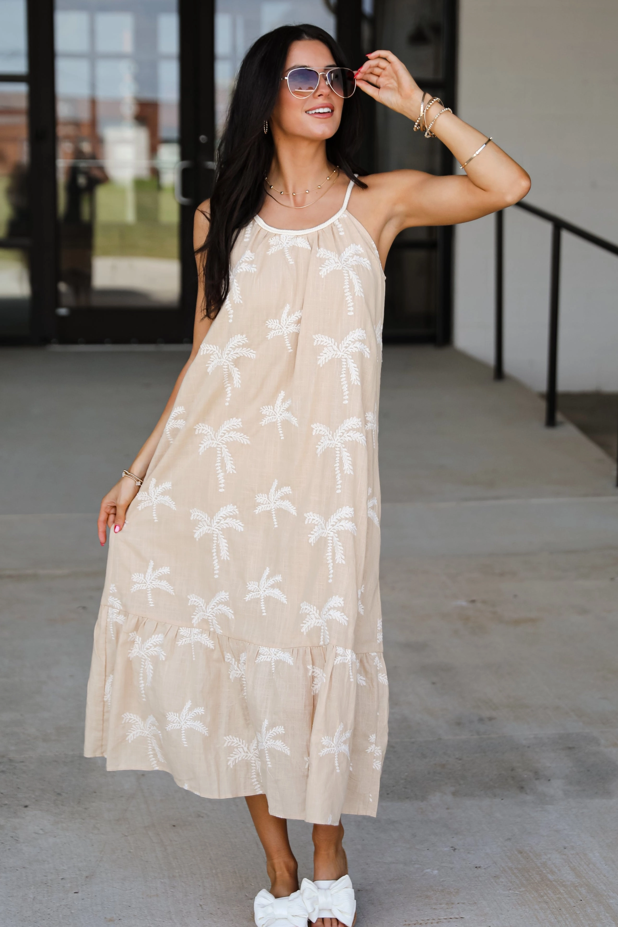 FINAL SALE - Take Me To The Tropics Taupe Palm Tree Maxi Dress Everyday Comfort Wear loose silhouette