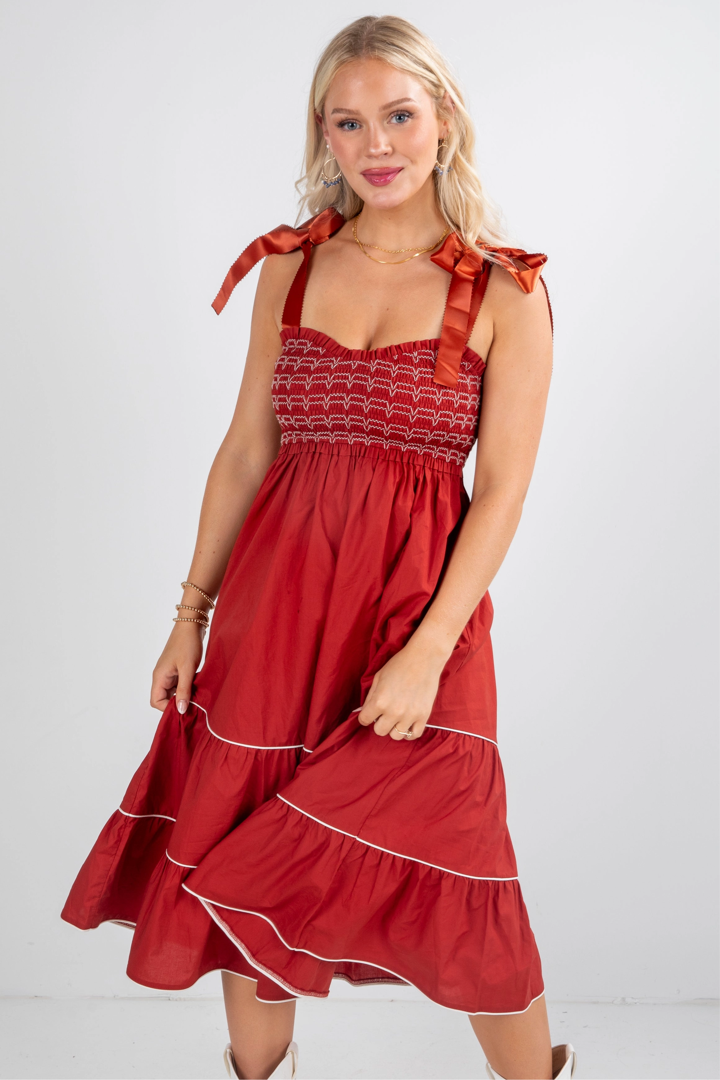 FINAL SALE - Looks Like You Love Me Brick Smocked Midi Dress Fresh Color
