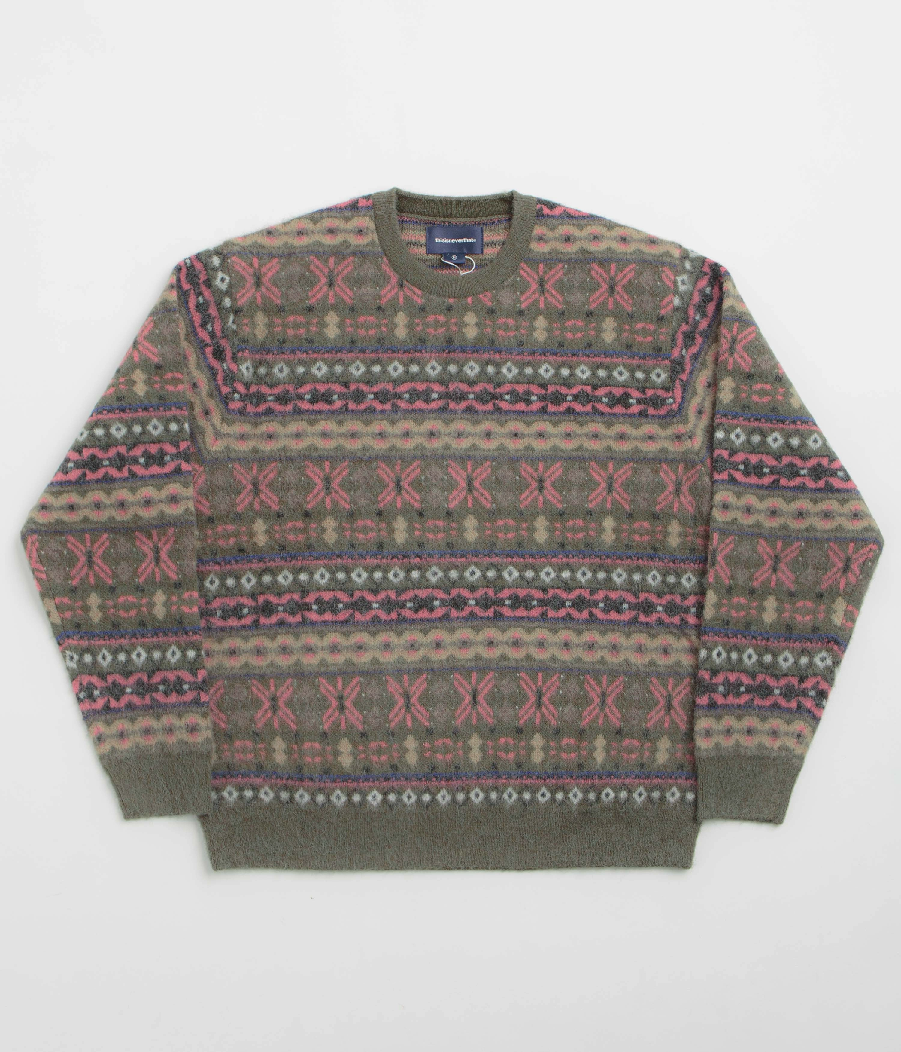 thisisneverthat Fair Isle Knit Sweatshirt - Olive Basic Hoodie
