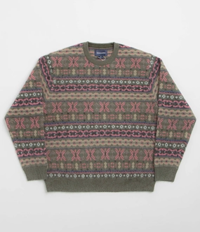 thisisneverthat Fair Isle Knit Sweatshirt - Olive Basic Hoodie