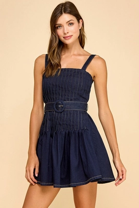 Simone Sleeveless Belted Pleated Denim Mini Dress Dark Wash Chill Lines