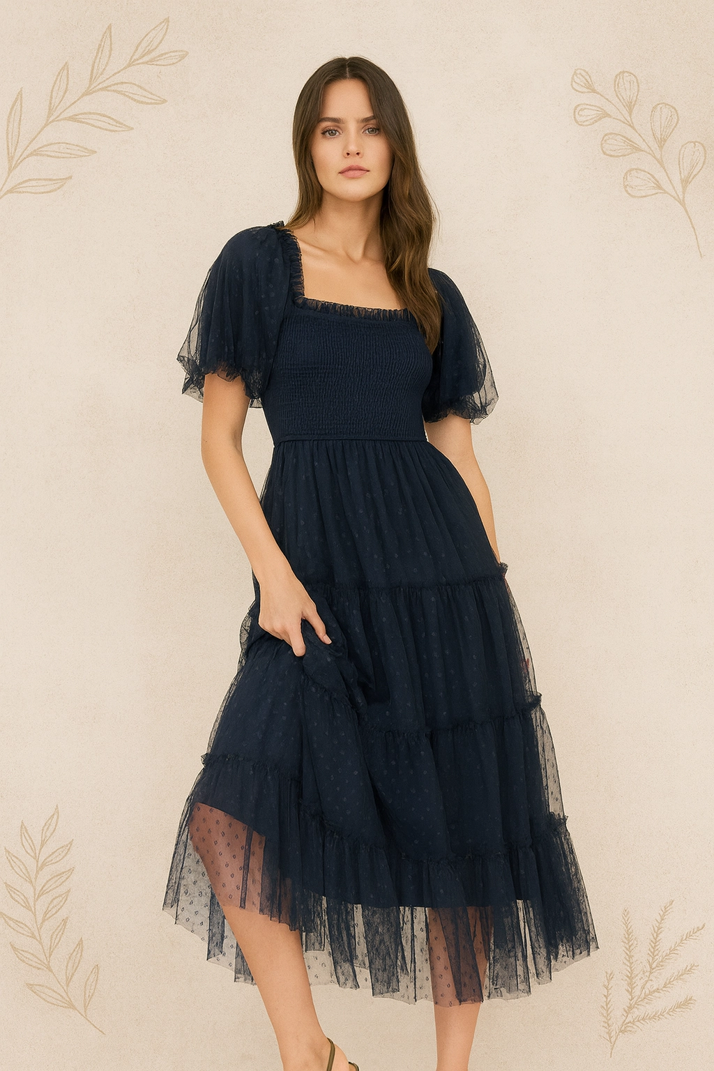 Polka Dot Tulle Puff Sleeve Smocked Tiered Midi Dr Natural Silhouette Cool Drape