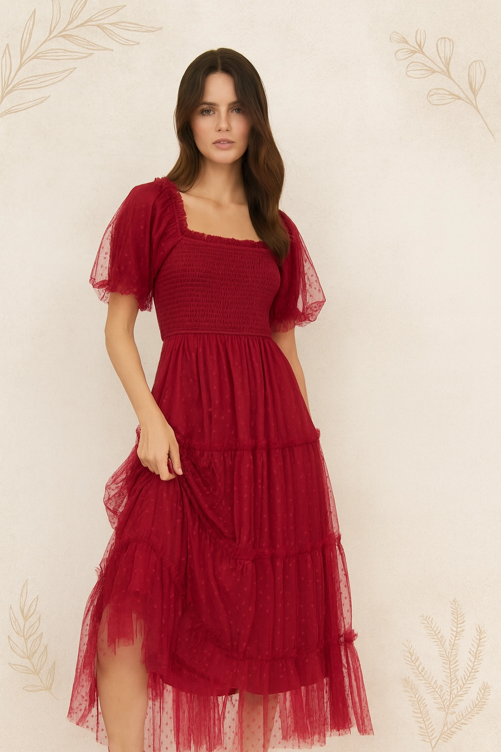 Date Ready Euro Touch Polka Dot Tulle Puff Sleeve Smocked Tiered Midi Dr