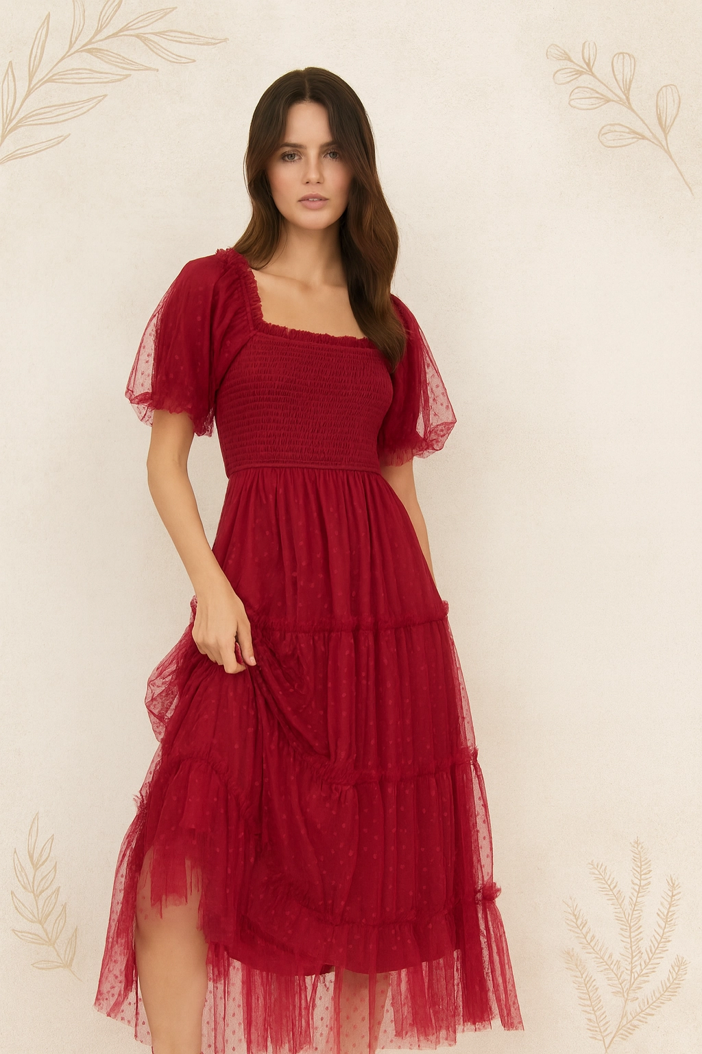 Polka Dot Tulle Puff Sleeve Smocked Tiered Midi Dr Happy Glow