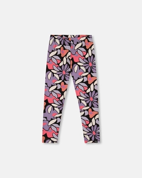 Relaxed Vibe Comfy Look Stretch Jersey Leggings Black Retro Flower Print