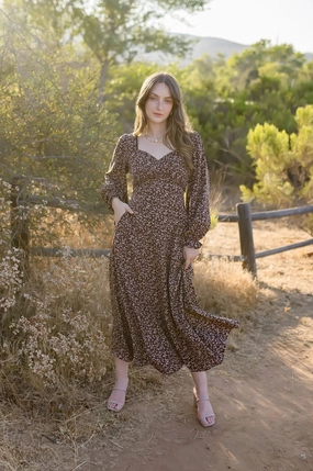 Marylin Long Sleeve Floral Print Maxi Dress Brown Cotton-Blend Luxurious Feel