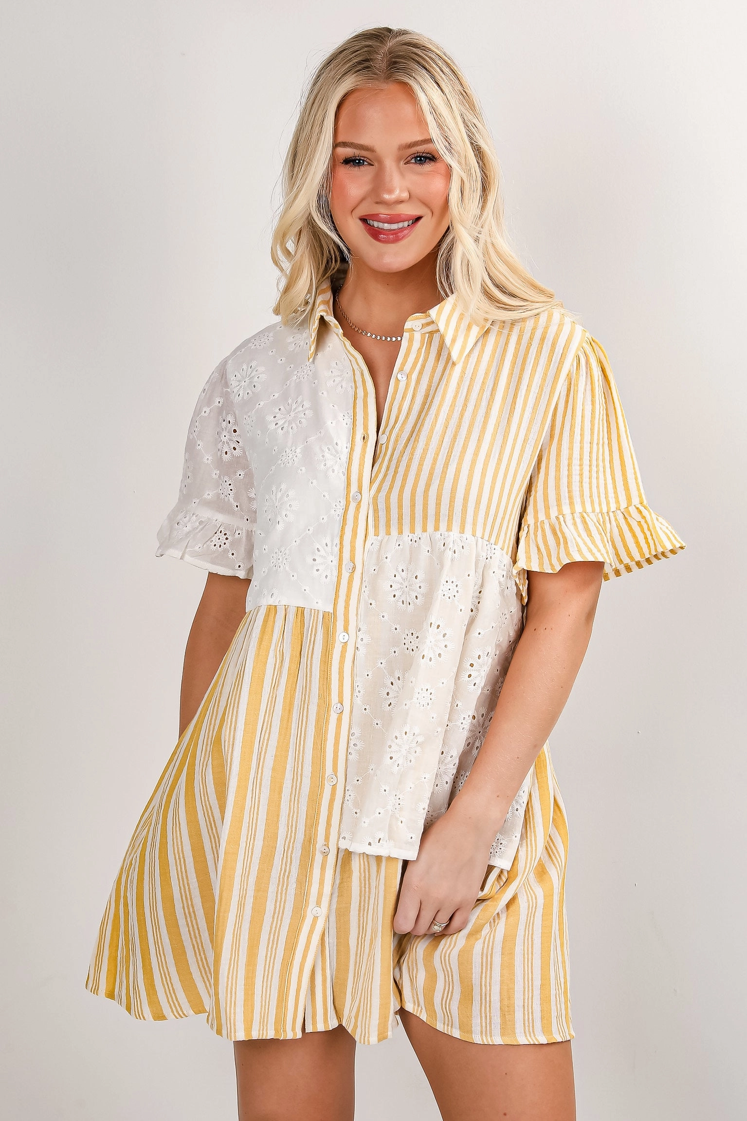UVProtectiveLayer Peplum-Style FINAL SALE - Certainly True Yellow Striped Eyelet Mini Dress - DU DEAL