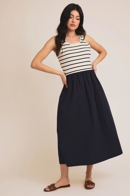 Travel Option Bishop-Sleeve Forest Scooped Neck Sleeveless Knit & Woven Mix Dress