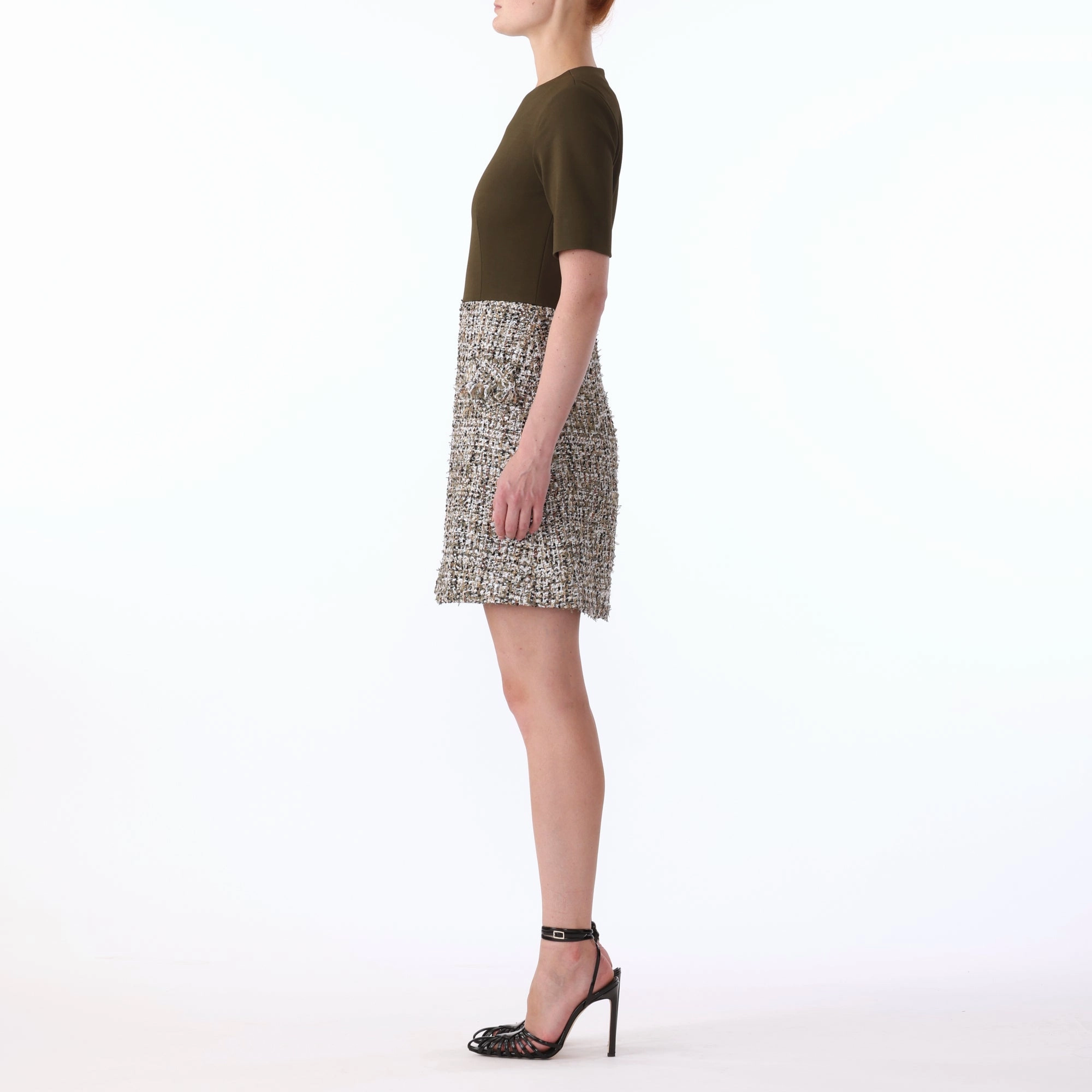 Thermal-Lined Layered Volume TEXTURE TWEED JERSEY COMBO SHORT SLEEVE DAY DRESS