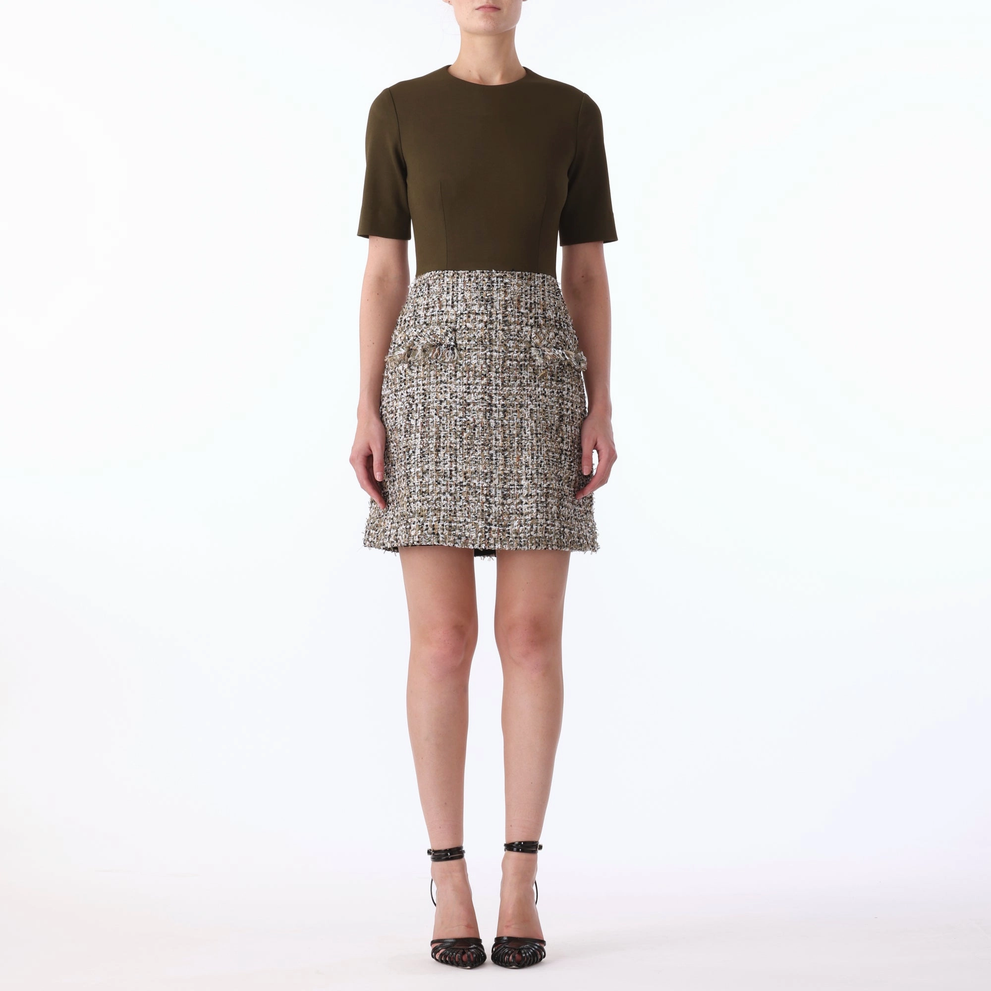 TEXTURE TWEED JERSEY COMBO SHORT SLEEVE DAY DRESS Cozy Silhouette Gift-Worthy