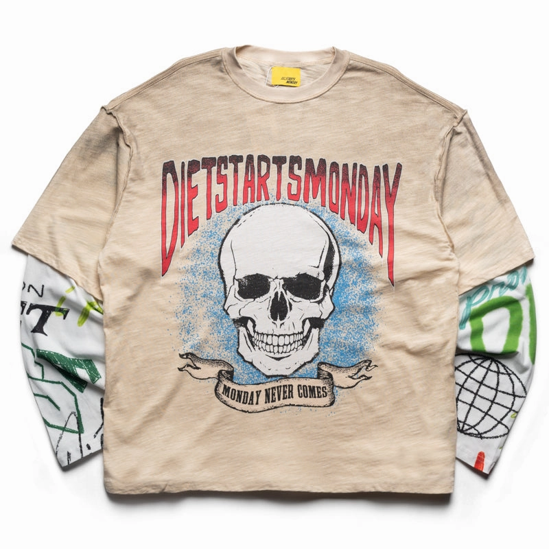 Diet Starts Monday Double Layer Skull L/S Tee - Antique White/Multi home event Spa day