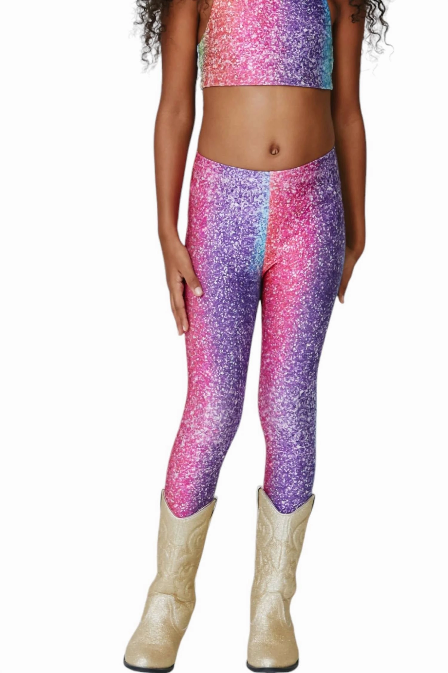 Girl's Hi Shine Leggings In Rainbow Glitter Foil No Tag